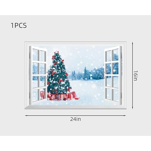 FLFK Fake Window Wall Decal - Christmas Tree Faux Window Wall Mural for Wall Decor, Peel and Stick Wall Sticker,24"x16"