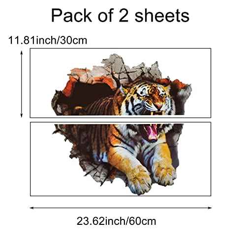 3D Tiger Wall Decal Smashed Wild Animal Wall Sticker 23.62x23.62inch Removable Self-Adhesive Vinyl Jungle Animal Wall Mural for Nursery Playroom Kids Room Bedroom Wall Decors