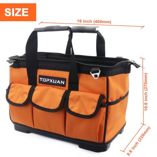 Tool Bag 16 Inch Molded Plastic Base Heavy Duty Waterproof Orange Tool Organizer Wide Mouth With Shoulder Strap for Power Tools and Hand Tools Oxford Cloth Fabric (16 Pockets)