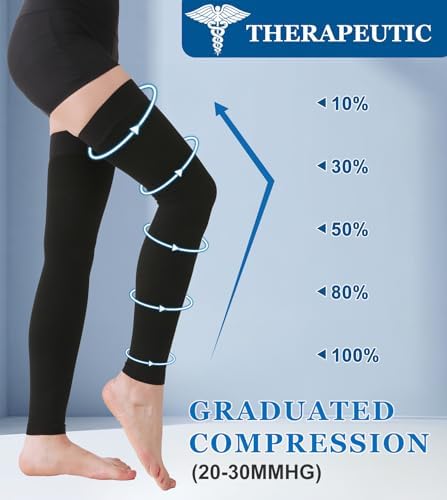 MGANG Thigh High Leg Sleeve 20-30 mmHg Graduated Compression with Grip Top, Medical Compression Stockings for Men and Women, with Varicose Veins, Lymphedema, Swelling & Venous Insufficiency, Black XL
