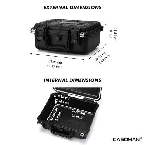 CASOMAN Water-proof and Dust-proof Protective Sturdy Plastic Storage Case with Cush-Proof Sponge and Customizable Foam, IP67 Water Proof Grade, 13.4" X 11.6" X 6"