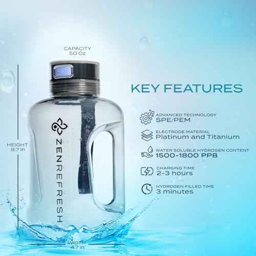 50 Oz Hydrogen Water Bottle, 2025 New SPE/PEM Technology, Large Gym Hydrogen Bottles, Travel Hydrogen Water Bottle Generator With Straw & Additional Cap, USA Brand, Up to 1800 ppb - Black