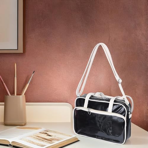 LALAFINA Kawaii Japanese School Crossbody Bag Badge Handbag for Teens, Large Faux Leather Messenger Tote with Multiple Pockets, Cute Cosplay Shoulder Bag for Commuting and Sports Events