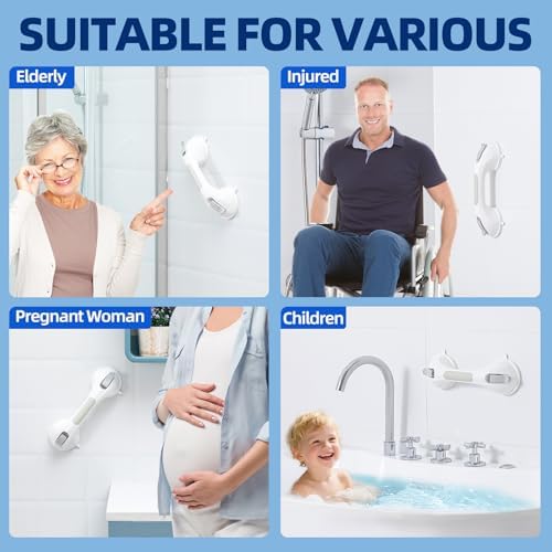Shower Handle 1 Pack, 12 Inch Grab Bar for Bathtubs and Showers, Strong Suction Cup Safety Handrail for Seniors, Elderly, Injury Recovery, No Drilling Waterproof Bathroom Grip, Grey