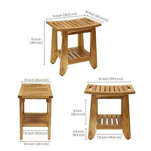 Teak Shower Bench Stool, 14'' Compact Waterproof Wood Spa Bath Bench with Storage Shelf & Handle, Non-Slip Solid Teak Shower Seat Chair for Small Bathrooms Inside Shower and Outdoor Use