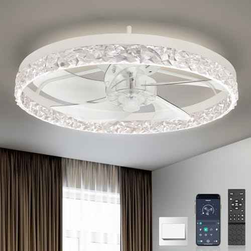 19'' Modern Ceiling Fans with Lights, Low Profile Flush Mount Remote Reversible Ceiling Fan White