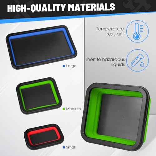 Collapsible Magnetic Parts Tray Set, 3 Different Size Tool Trays Foldable Silicone Magnetic Tool Trays for Bolts, Screws, Nuts & Other Small Metal Parts, Magnetic Square Silicone Bowls Red Blue Green