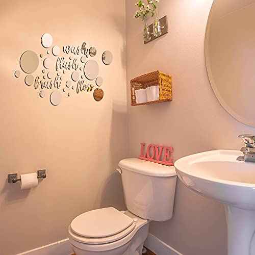 Nuanchu 30 Pcs Bathroom Wall Decals Brush Wash Flush Floss Stickers 3D Round Mirrors Wall Decal Self Adhesive DIY Acrylic Mirror Decor Beautiful Art Words Decor for Home Bedroom (Silver)