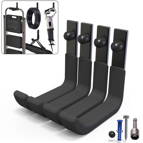 4 Pack Garage Storage Hooks, Ladder Hangers, Steel Wall Mount Hooks, Utility Hooks for Hanging Heavy Duty Shed Tools, Ropes, Garden Hoses, Shovel, Bulk Items, etc.£¨88lbs, 4Inch£©