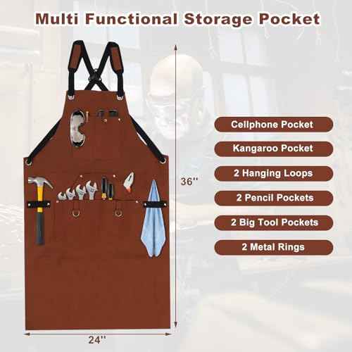 Welding Work Apron,Heat & Flames Proof Apron, Leather Welding Apron,24x36 Inches with 6 Pockets Adjustable Belt