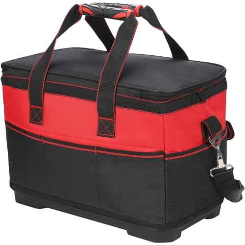 17 Inch Tool Bag with Adjustable Shoulder Strap,Wide Mouth Tool Bags,Heavy Duty Waterproof Tools Bag Organizer,Plastic Hard Bottom Base Tool Tote Bag for Men