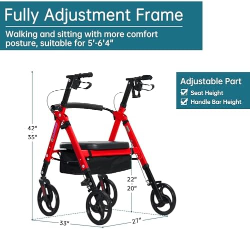 ELENKER Heavy Duty Rollator Walker with Extra Wide Padded Seat and Backrest, Aluminum Bariatric Rolling Walker, 10” Wheels, Support up to 500lbs for Seniors, Red