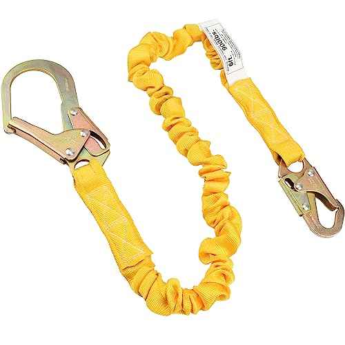 Single Leg 6-Foot Fall Protection Internal Shock Absorbing Stretchable Safety Lanyard with Snap & Rebar Hook Connectors CSA£¦ANSI Compliant