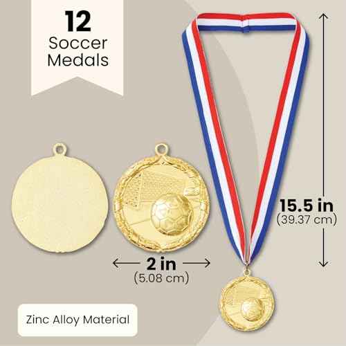 Juvale 12 Pack Award Medals for Adults - Team Participation Trophies with Red, White, and Blue Striped Ribbon, Sports Themed Party Favors (2 in, Metal, Gold)