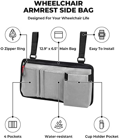JOYTUTUS Walker Side Bag, Wheelchair Armrest Storage Pouch with Cup Holder, Wheelchair Accessories for Seniors, Walker Bag Cup Holder for Walker, Rollator, Electric Scooter or Wheelchair