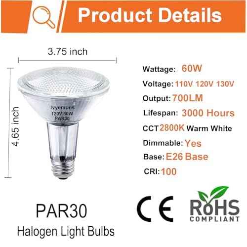 Par30 Flood Light Bulbs, 6-Pack Dimmable Par30 Halogen Bulb 2800K Warm White Flicker Free Par30 Long Neck Halogen 60W Bulb E26 Base for Accent Lighting, Tracking Lighting & Recessed Lighting