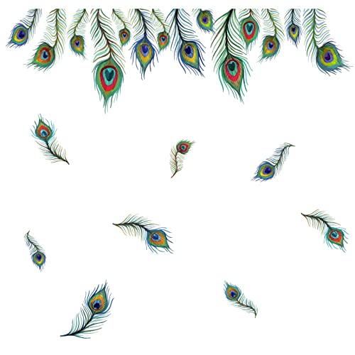 PLIGREAT 9 Pcs Peacock Eyes Feathers Wall Stickers, Removable Vinyl Peel and Stick Wall Decals for Living Room Bedroom Office Home Indoor DIY Wall Art Decor TV Background Wall Decoration