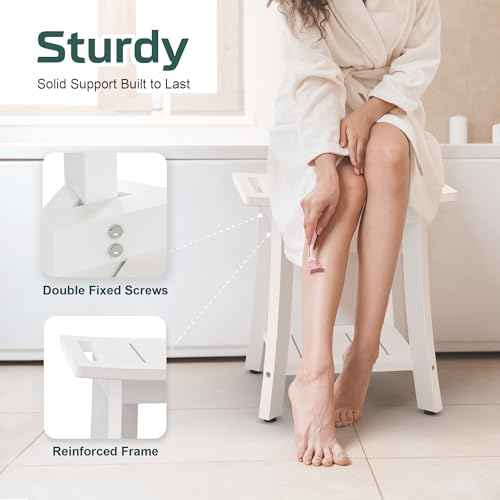 HIPS Shower Benches for Inside Shower, Waterproof Shower Stool with Storage Shelf & Adjustable Feet, SPA Bathroom Seat Chair for Shaving Legs, Indoor or Outdoor Use, White