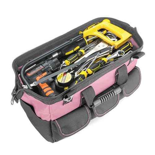 Women Heavy Duty Tool Bag Storage Organizer for Tools,16 x 7.5 x 10.5 inches,50 Pound Capacity, 600D Polyester Fabric (Pink)