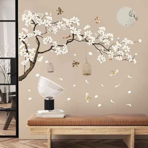 Large Chinese Style White Flowers Wall Stickers with Black Tree Flying Birds Wall Decals, Removable DIY Wall Art Decor Murals for Offices Living Room Bedroom Study Room Home Walls Decoration, 50x74in