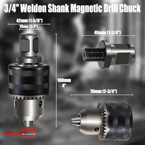 1/16''-1/2'' Magnetic Drill Chuck Adapter, 3/4'' Weldon Shank with Chuck Key, 1/2''-20 UNF Thread Drill Bit Adapter, Mag Drill Chuck for Magnetic Drill