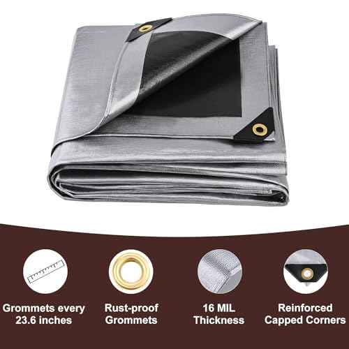 Tarp 10x20FT, Extra Thick 16Mil Heavy Duty Waterproof Tarps with Brass Grommets and Reinforced Edges, Tear & Fade Resistant, 100% UV Blocking Outdoor Tarp for Roof Camping Patio Pool Boat (Silver)