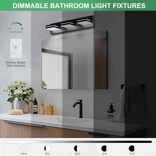 Sailstar LED Modern Bathroom Vanity Light Fixture, 5CCT 24W 3-Light Bathroom Lighting Fixtures Over Mirror, Dimmable Acrylic Vanity lights with Rotatable Heads, 20" Matte Black Bath Room for Over Sink