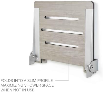 Sechrome 18 inch Silhouette Slimline Folding Wall Mount Shower Bench Seat, Gray Weathered Ash Seat with Silver Frame