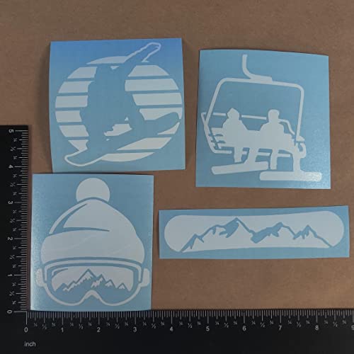 Snowboarding Decal 4 Pack: Snowboard Mountain, Goggles Beanie, Chairlift, Silhouette (Small ~3.5", White)