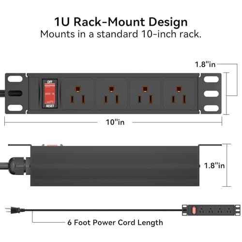 10" Rack PDU- 1U (4Outlets) 10-inch Mini Rack Power Distribution Unit with Protection (125V/15A 6ft Cable), Network Cabinet Rack Mount Power Strip (Wall, Desktop, or Server Rack Mountable)