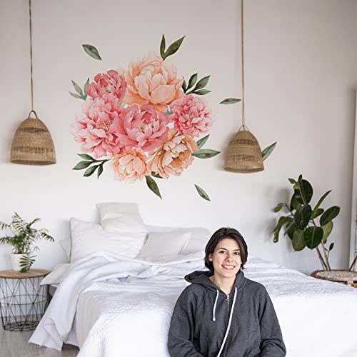 Peony Flowers Wall Decals, Watercolor Elegant Peonies Rose Floral Wall Stickers, FODIENS Pink Blossom Flower Wallpaper Art Applique for Living Room Bedroom Girls Room