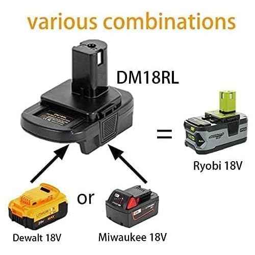 DM18RL Batterie Adapter for Dewalt for Milwaukee 20V/18V Li-Ion Battery Convert to for Ryobi 18V P108 ABP1801 Battery with USB Port (Black)
