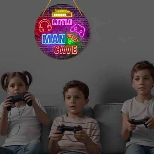 Little Man Cave Sign, Boys Teenage Room Hanging Wall Art Decoration,Gift, Playroom Nursery Decor for Game Lover Gamer Wall Decor 12¡Èx 12¡ÈGlow in the Dark