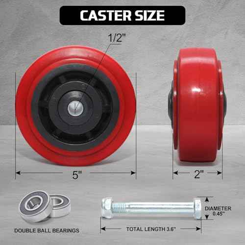 5 Inch Polyurethane Caster Wheels- Polyurethane on Polyolefin Core Wheel with Double Roller Bearing, Casters Set of 4 Heavy Duty with 4000 lbs Capacity, Use for Handling, Industrial Trolleys