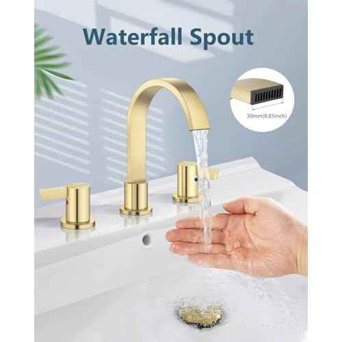 Aolemi Bathroom Faucets 3 Hole,8 Inch Widespread Waterfall Bathroom Sink Faucet,2 Handles Vanity Faucet with Pop-up Drain and Supply Hose,Gold