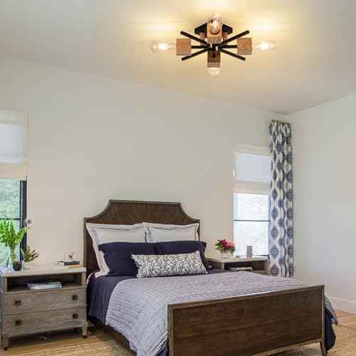 4 Light Sputnik Light Fixture Black Flush Mount Lights Industrial Ceiling Light Wood 22" Modern Farmhouse Ceiling Lights for Kitchen Bedroom Bathroom Foyer Hallway(E26)