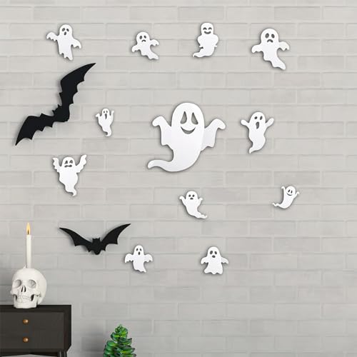 24Pcs Halloween Ghost Wall Decor 3D Stickers Decals Decorations Reusable Self-Adhesive Cute White Spooky Decals for Home Window Door Room Party Supplies