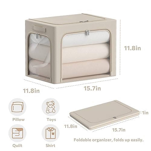 3Pack Clothes Storage Bins - Oxford Frame Storage Box Foldable Stackable Storage Organizer with 3 Openings Design, Metal Frame, Clear Window, Carry Handles (36L-15.7 * 11.8 * 11.8in, Beige)