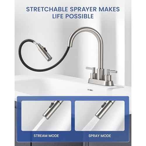 Bathroom Sink Faucet with Pull Out Sprayer 2 Handles, Brushed Nickel Pull Down Bathroom Faucet 3 Holes, 4 Inch Sink Faucet Bathroom, 360 Degree Swivel Spout, Pop Up Drain Assembly Included