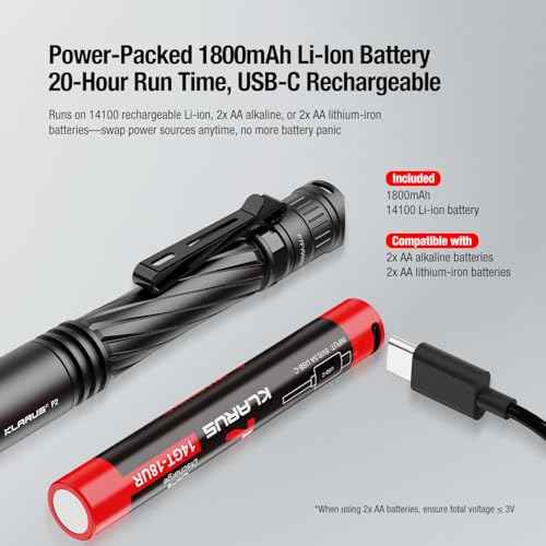 klarus P2 Tactical Pen Light: 1000 Lumens, 886ft Throw ? 2AA or USB-C Rechargeable (Battery Included), IPX8 Waterproof, Compact EDC Flashlight for Pocket, Office, Home, Security