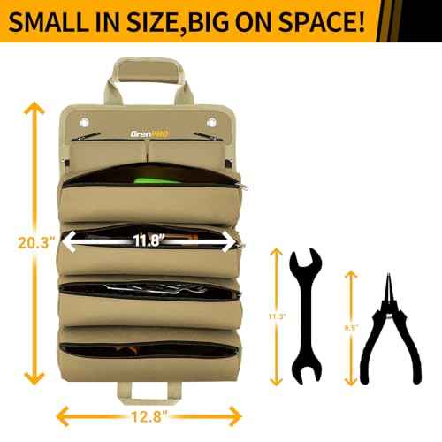 Tool Bag Roll Up, Tool Roll Portable Foldable Tool Storage with 2 Detachable Pouches, Soft Rollable Tool Pouch for Mechanics, Electricians, DIY, Gifts for Dad, Men Birthday Gift, Khaki