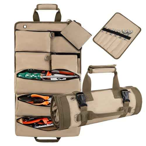 Heavy Duty Portable Soft Tool Storage Organization,Tool Bag with Detachable Pouches for Mechanics, Wall/Car Mountable, Foldable Rollup Organizer for Mechanics & Electricians