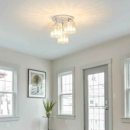 Crystal Ceiling Light Fixture, Chrome Semi Flush Mount Ceiling Light Fixture, 3-Light Hallway Lighting with Clear Crystal Shades for Kitchen Entryway Bedroom Bathroom Foyer, E26