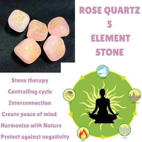 New Rose Quartz 5 Element Tumbled Stones Thick Genuine Earth Wiccan Pagan Pouch Gift Air Water Earth Fire Spirit Pentacle Star Spiritual Psychic Metaphysical Worship Altar India Asia Stone Gemstone