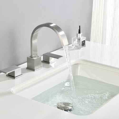 Widespread 8 Inch Brushed Nickel Bathroom Sink Faucet, Waterfall Nickel Stainless Steel Bathroom Faucet for Sink 3 Hole, Vanity Lavatory Sink Faucets with Drain & Water Hoses