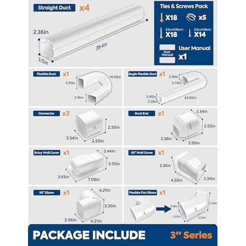 Mini Split Line Set Cover: 3" 17Ft Line Set Cover Kit for Minisplit with Flexible Duct, Decorative Lineset Cover Kit, Paintable for AC Pipe, Air Conditioner, HVAC, Heat Pumps, Central AC