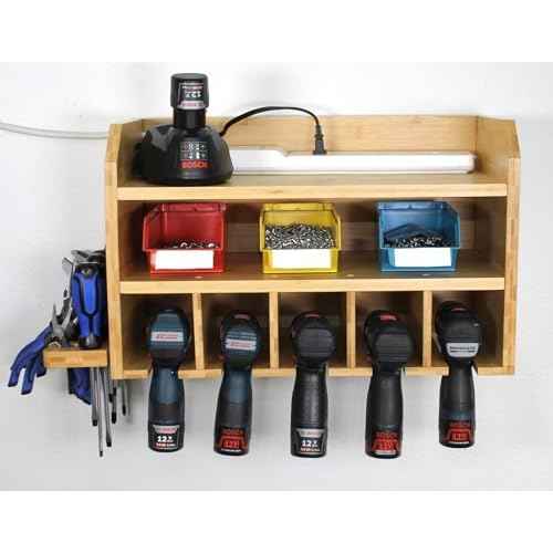 DupliM Bamboo Wall-Mounted Power Tool Organizer, Power Drill Holder and Tool Storage Rack - FSC-Certified ? Assembly Required