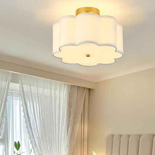 13.3"Semi Flush Mount Ceiling Light Fixture, 3-Light Modern Close to Ceiling Light With Fabric Flower-Shaped Shade, Light Fixtures Ceiling Mount for Bedroom Nursery Kids Room Living Room(Gold)
