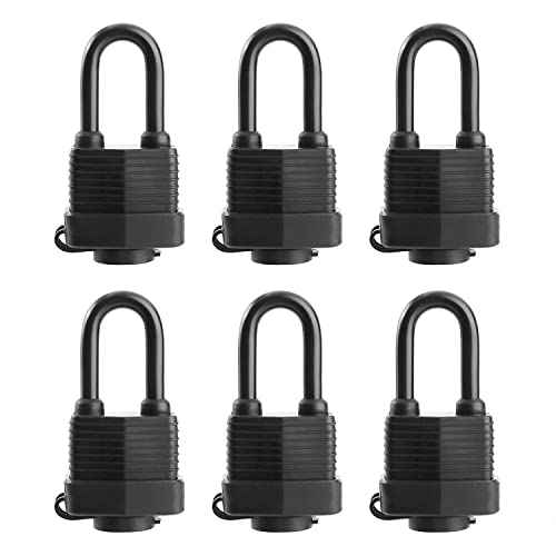 Waterproof Padlocks Keyed Alike for Outdoor use, Covered Heavy Duty Laminated Steel Lock, 1-9/16 Inch. Wide, Long Padlock, Pack of 6