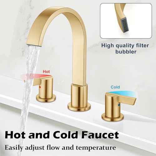 Midanya 8 inch Widespread Bathroom Sink Faucet,Waterfall 3 Holes 2 Handles Bathroom Faucet Modern 8" Vanity Faucets with Pop Up Drain and Water Supply Lines,Gold